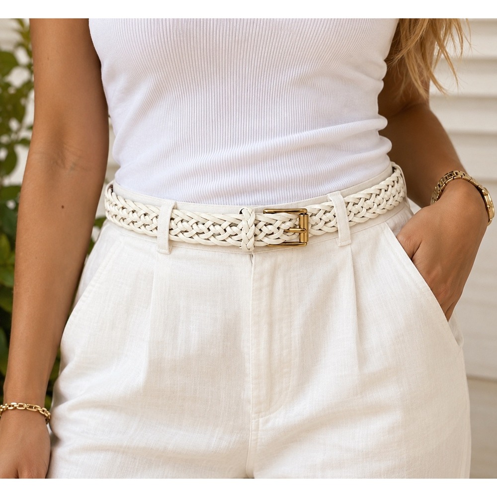 Talbots Braided Belt Womens Medium White Genuine Leather Vintage Coastal Preppy